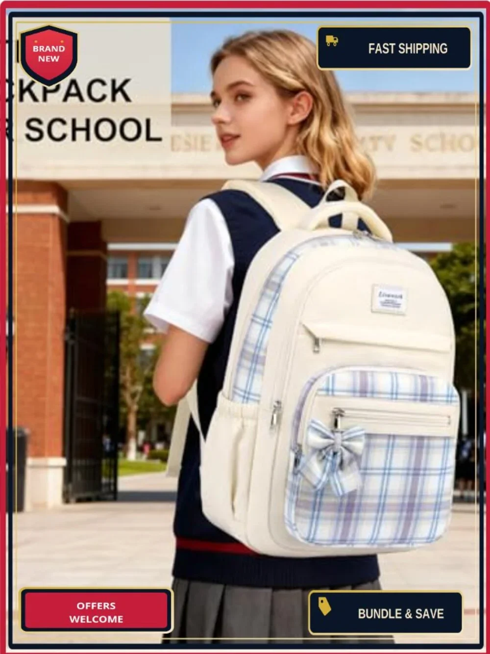 Vintage Plaid Laptop Backpack for Women Girls, 15.6 Inch, Water Resistant, Cute